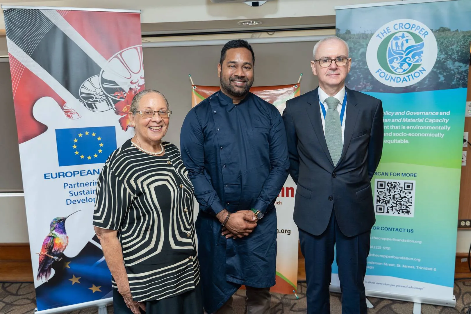 Left to right) IGNITE CSOs project partners represented by Sandra Pyke-Anthony (Director, Veni Apwann) and Omar Mohammed (former CEO, The Cropper Foundation) with former EU Ambassador Peter Cavendish at project media launch – March 2024