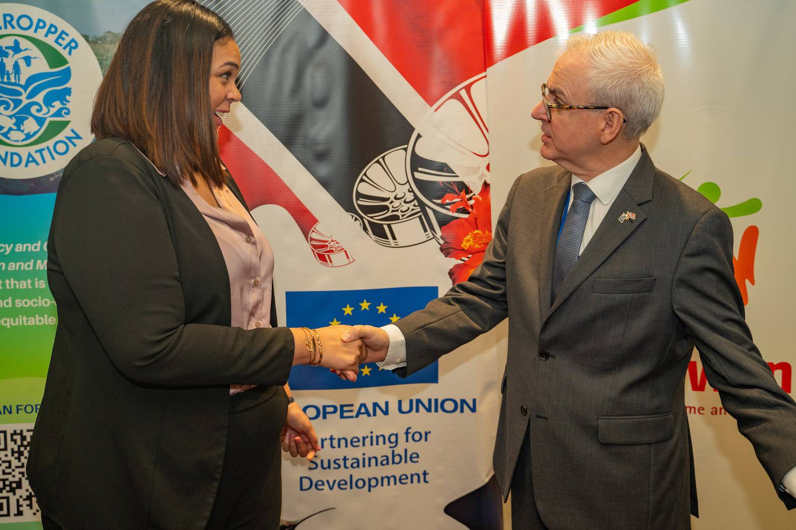 TCF CEO Cherisse Braithwaite-Joseph with former EU Ambassador Peter Cavendish at IGNITE CSOs Financial Institutions Stakeholder Engagement event – Nov. 2024